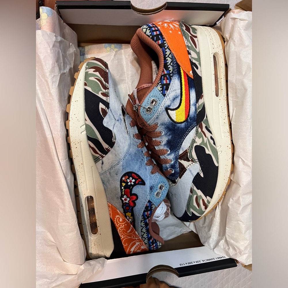 DN1803-900 Concepts × Nike Air Max 1 Heavy Camo Blue Orange Brown Sail Denim